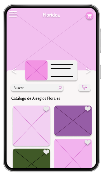Wireframe digital en baja fidelidad de la paginal principal de floridea